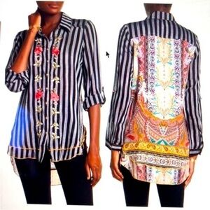 Aratta Silent Journey Anthro Stripe Floral Embroidered Top S High Low Tunic Boho